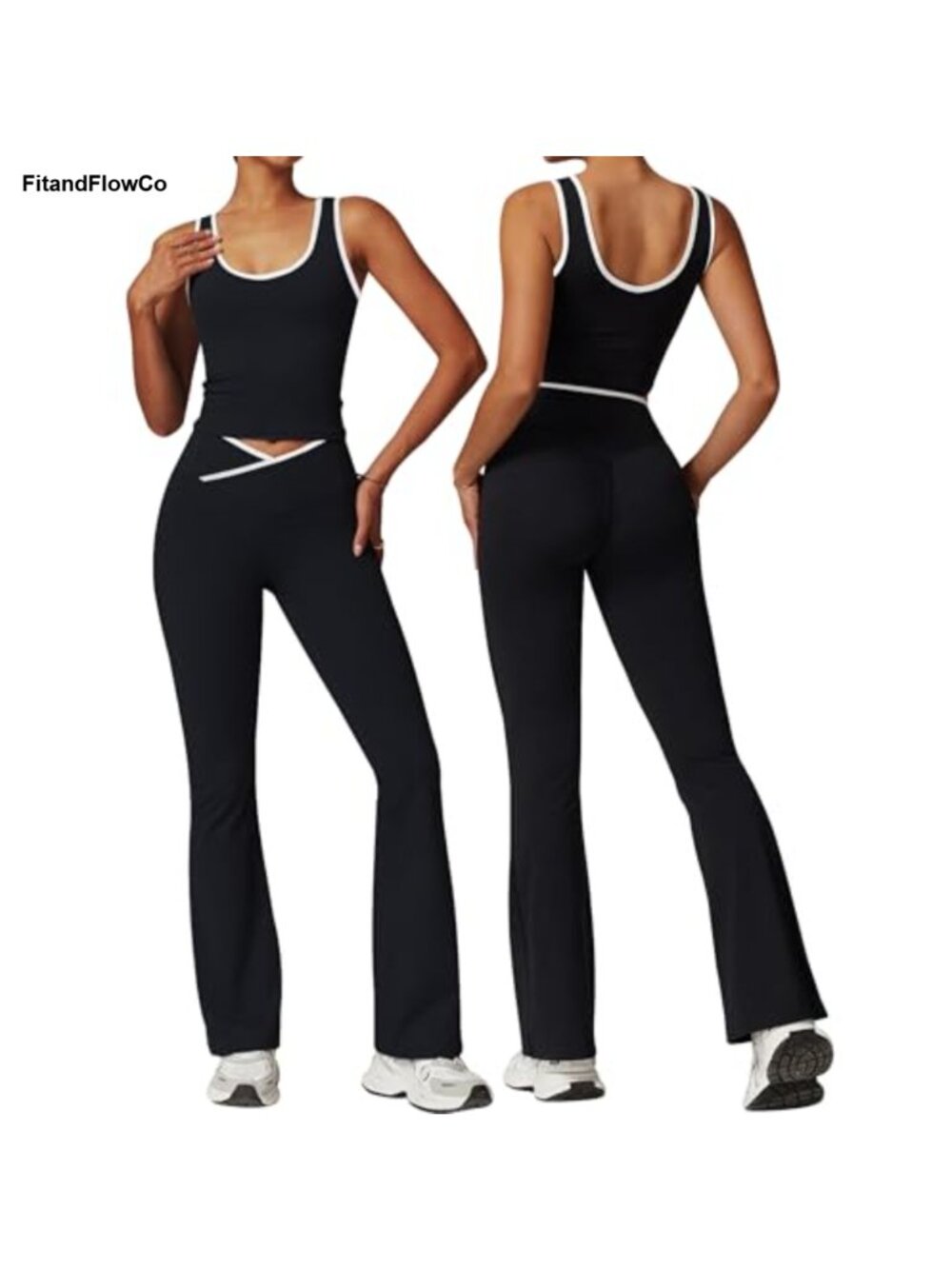 2 Piece Workout Set Flare Leggings Contrast Trim Tank Top